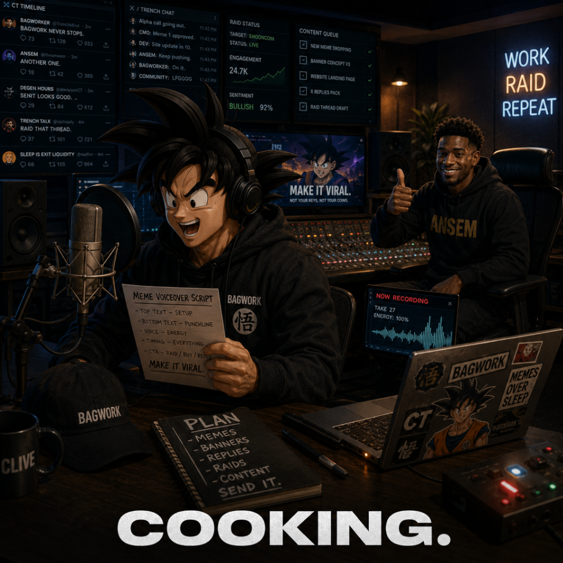 Clive recording voiceovers in a production studio while Ansem gives a thumbs up behind him