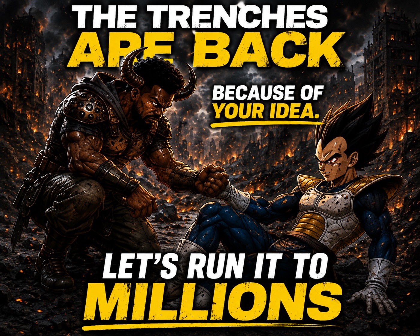 A trench warrior and Vegeta lock fists in a ruined city under the words the trenches are back