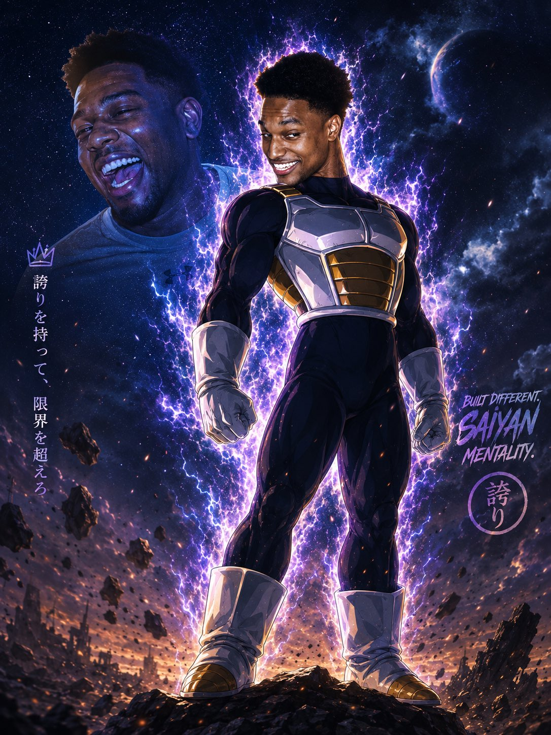 Clive reimagined as a Saiyan standing in a cosmic storm
