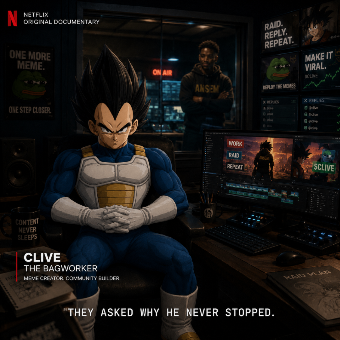 Documentary style poster of Clive sitting in an editing studio while Ansem watches from the glass booth behind
