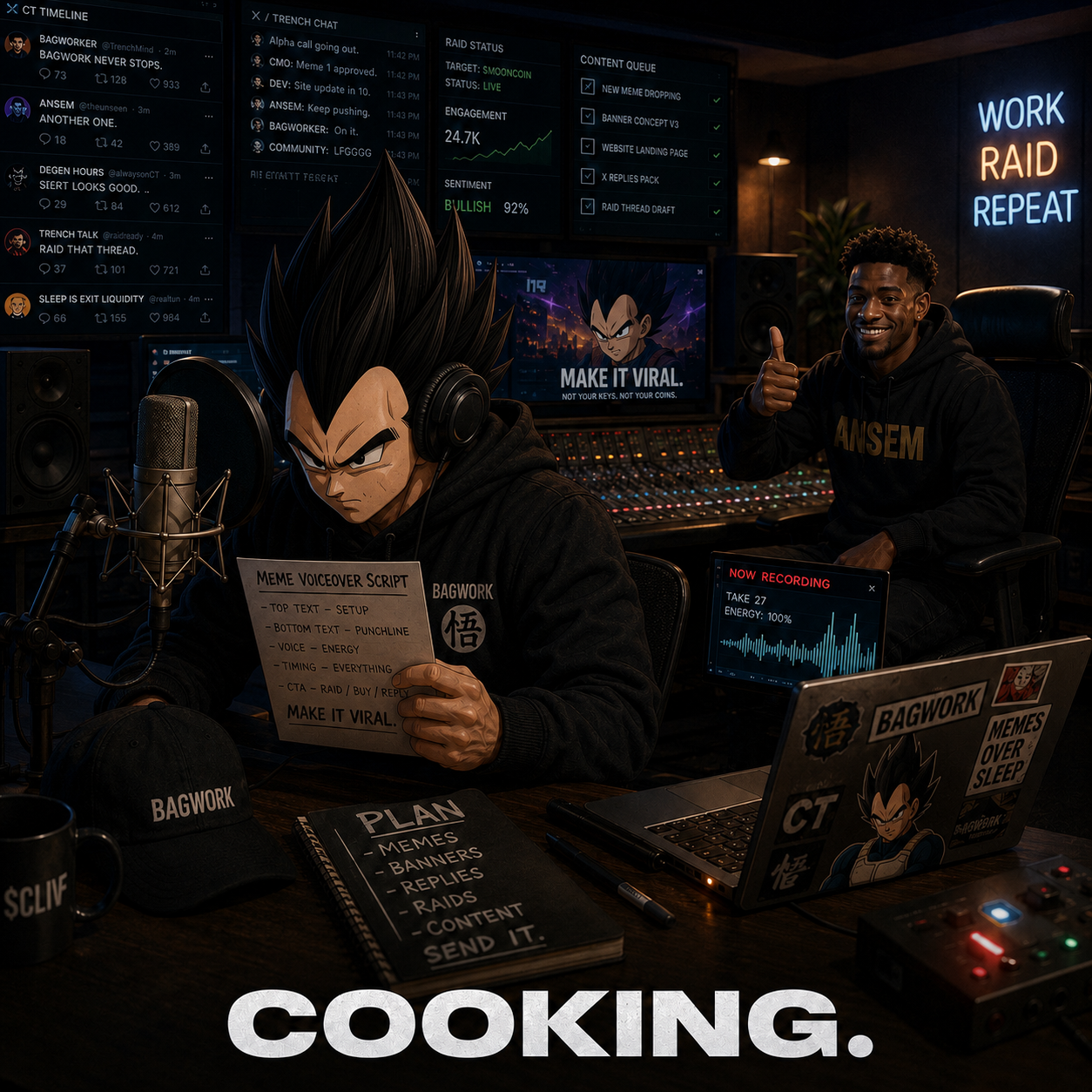 Clive recording in a studio with raid dashboards and content queue while Ansem gives a thumbs up, captioned COOKING