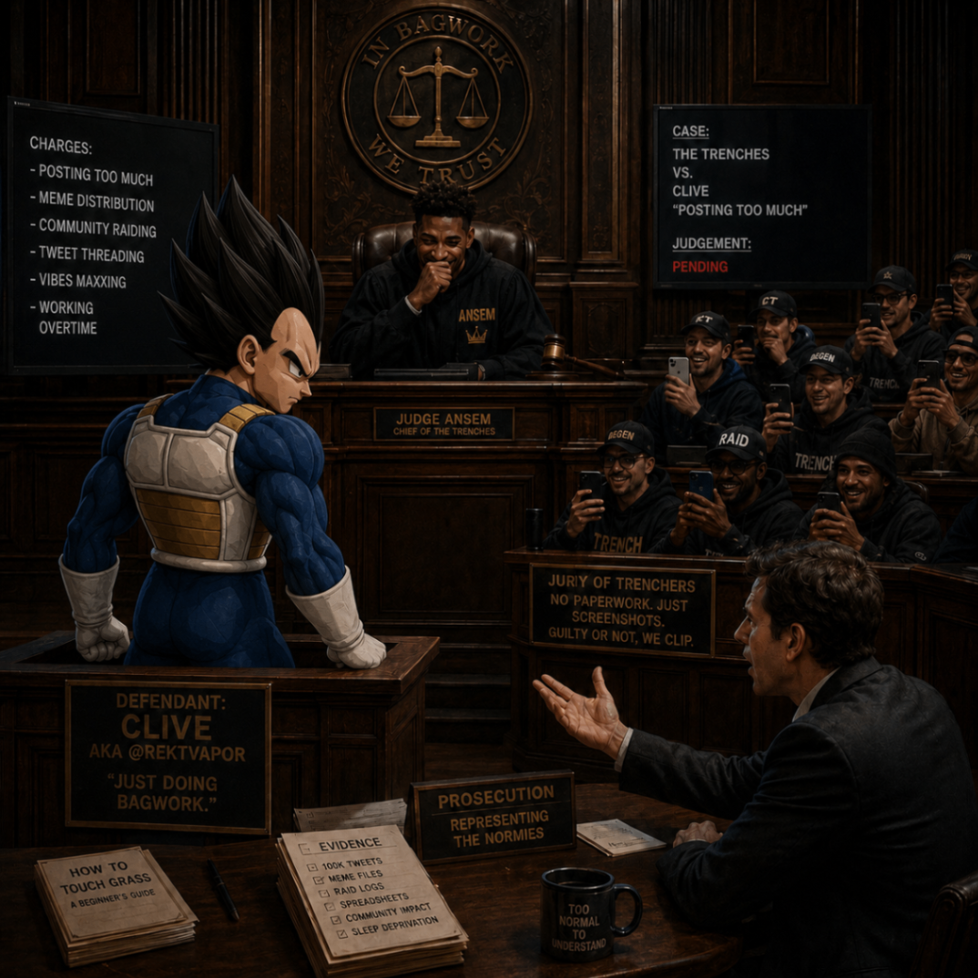 Courtroom scene with Clive on trial for posting too much while Judge Ansem presides over a laughing trench jury