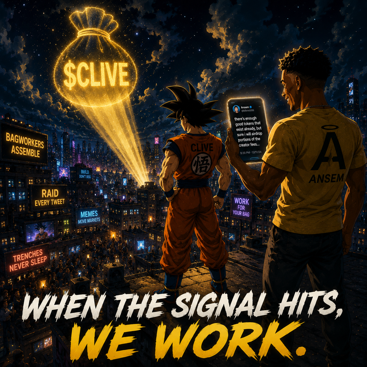 Clive and Ansem on a rooftop watching a glowing $CLIVE money bag light up the city skyline