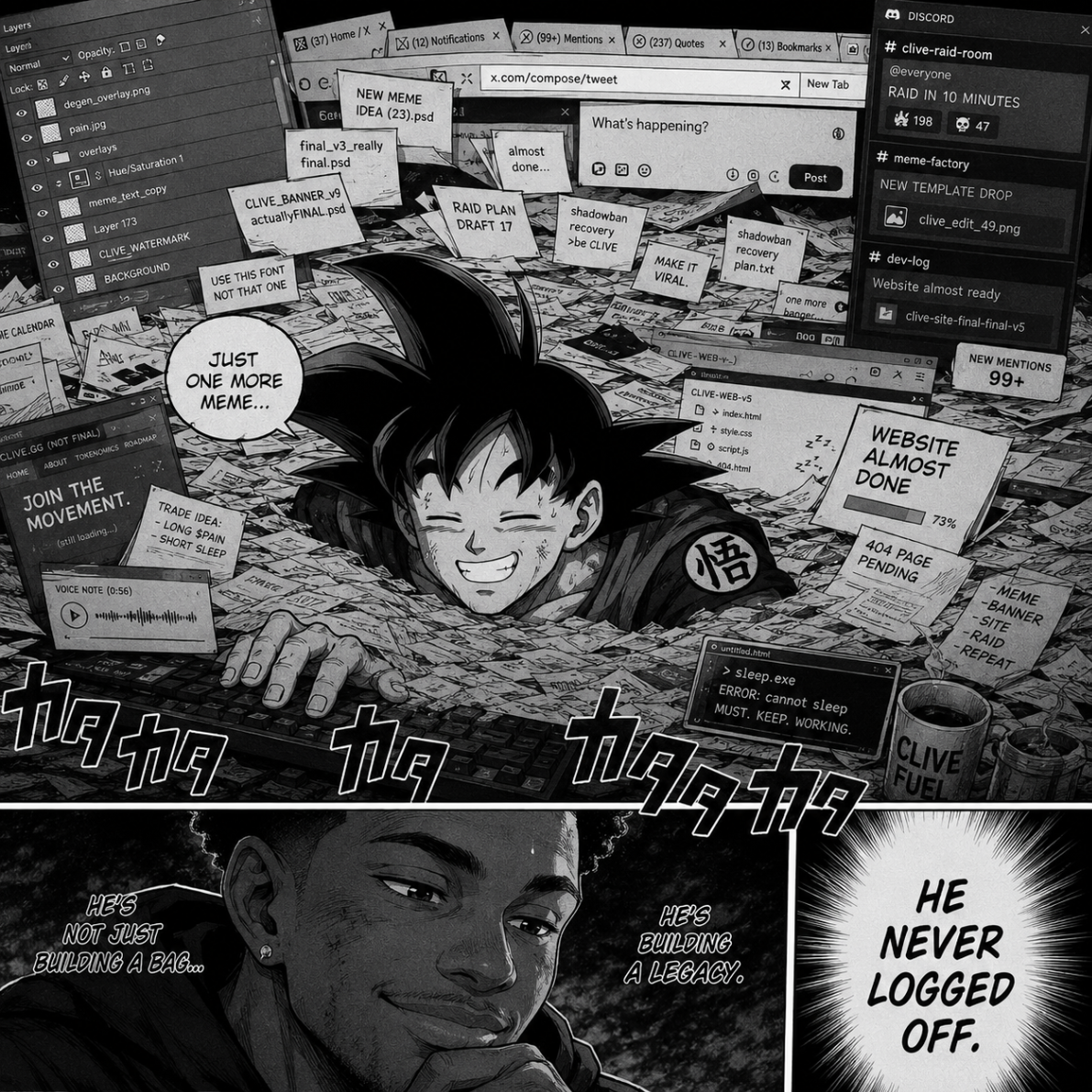 Manga style collage of Clive buried in tabs, drafts, memes, and raid plans while Ansem reflects that he never logged off