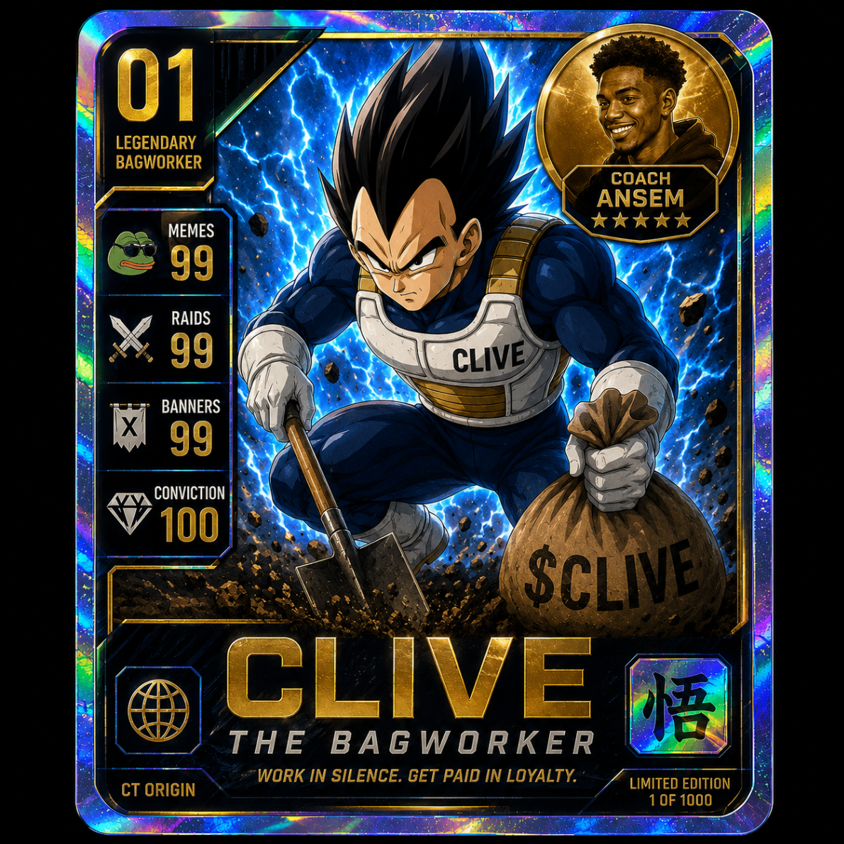 Holographic trading card of Clive The Bagworker with maxed out meme, raid, and banner stats and Coach Ansem in the corner