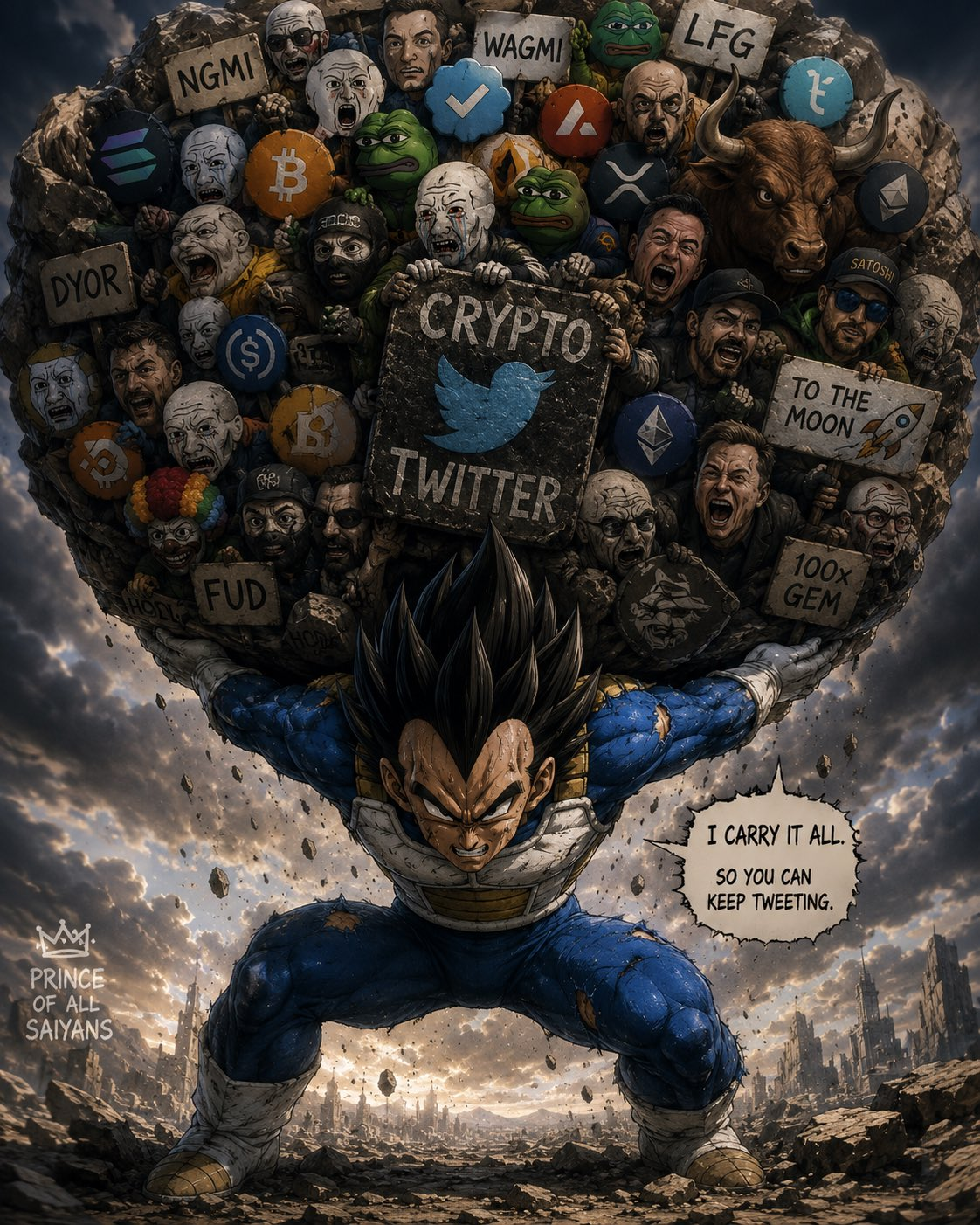 Vegeta carrying a giant rock made of crypto Twitter characters and coin logos