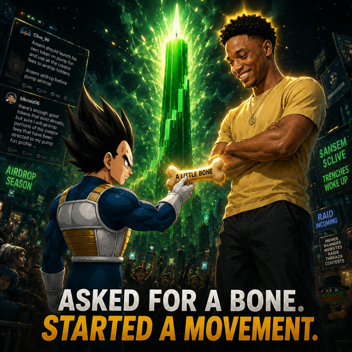 Vegeta handing Ansem a bone in front of a giant green candle city