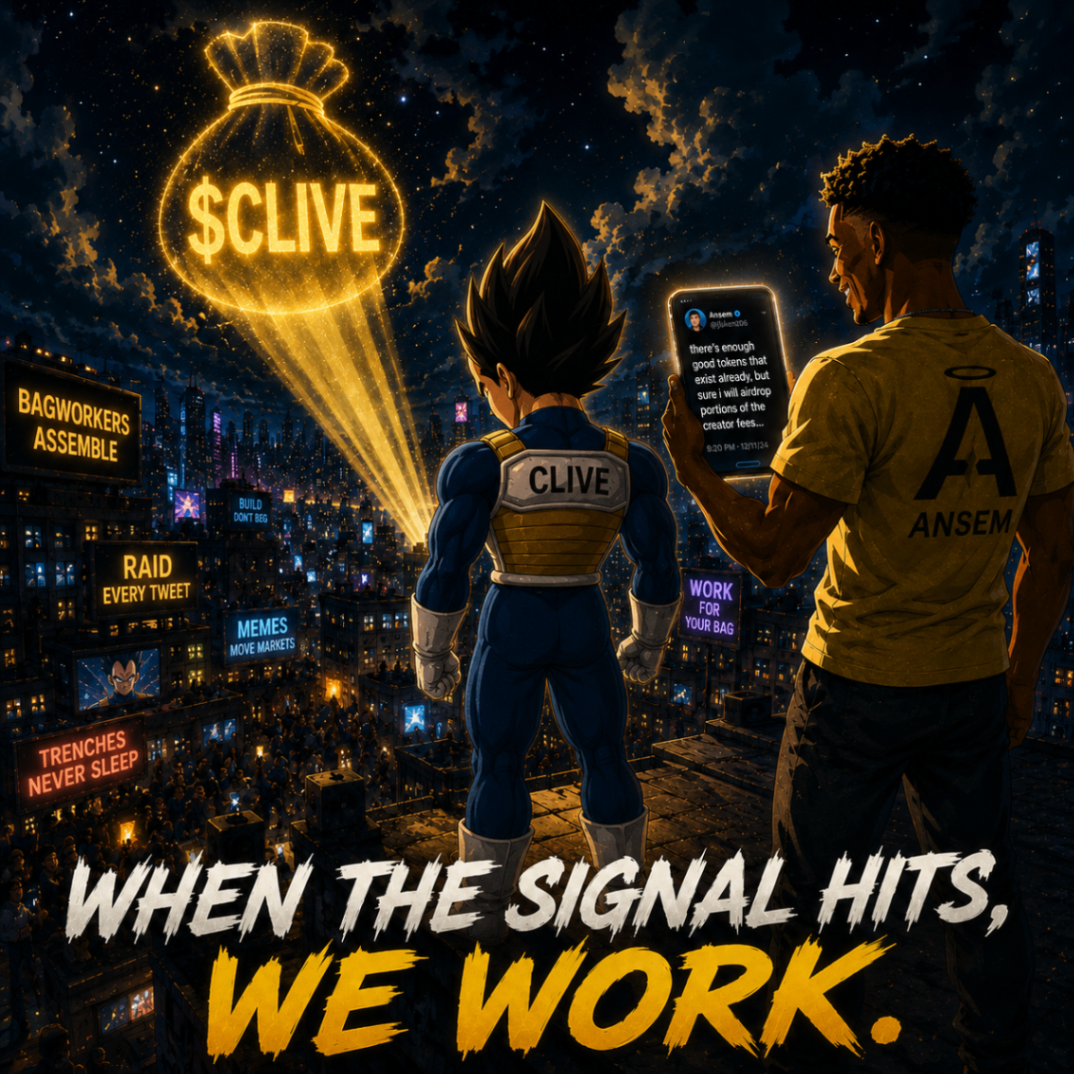 Vegeta and Ansem overlooking a city as a glowing $CLIVE bag signal lights up the sky
