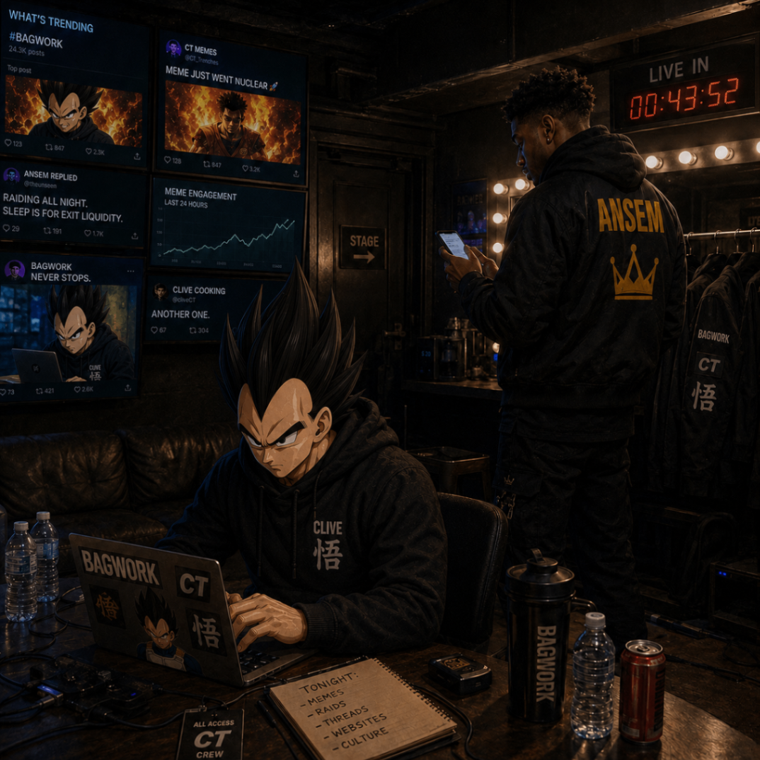 Clive typing from a dark control room while Ansem checks the phone and dashboards track meme engagement