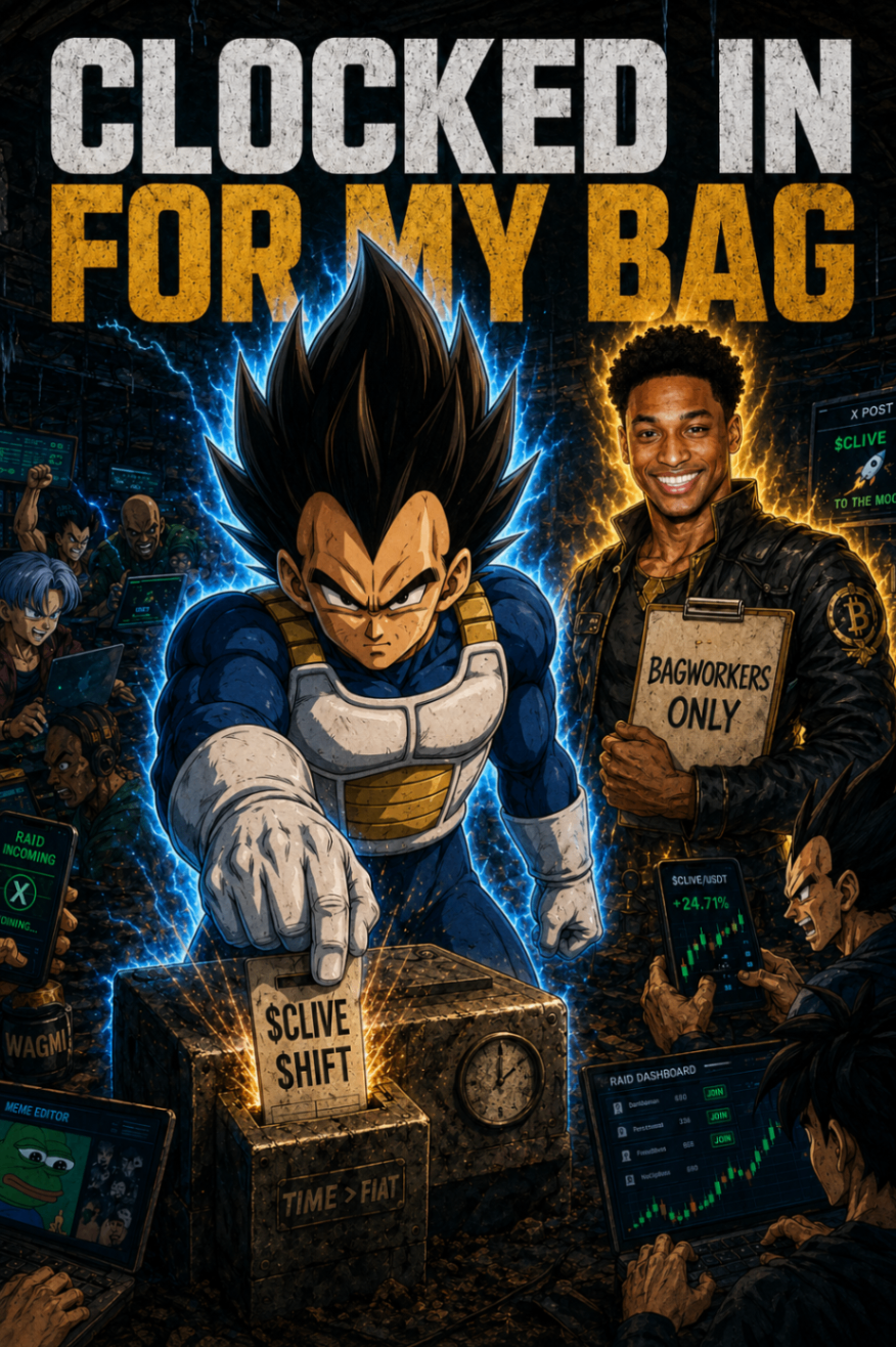 Vegeta clocking in a $CLIVE shift card while Ansem holds a Bagworkers Only clipboard