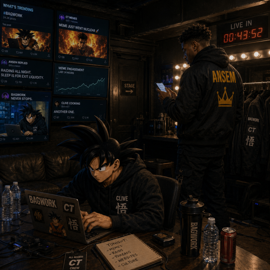 Backstage war room with Clive on a laptop and Ansem checking his phone while live metrics cover the walls