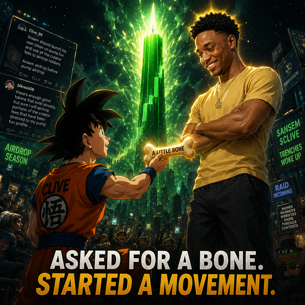 Clive offering Ansem a bone in front of a glowing green tower while the city rallies behind them