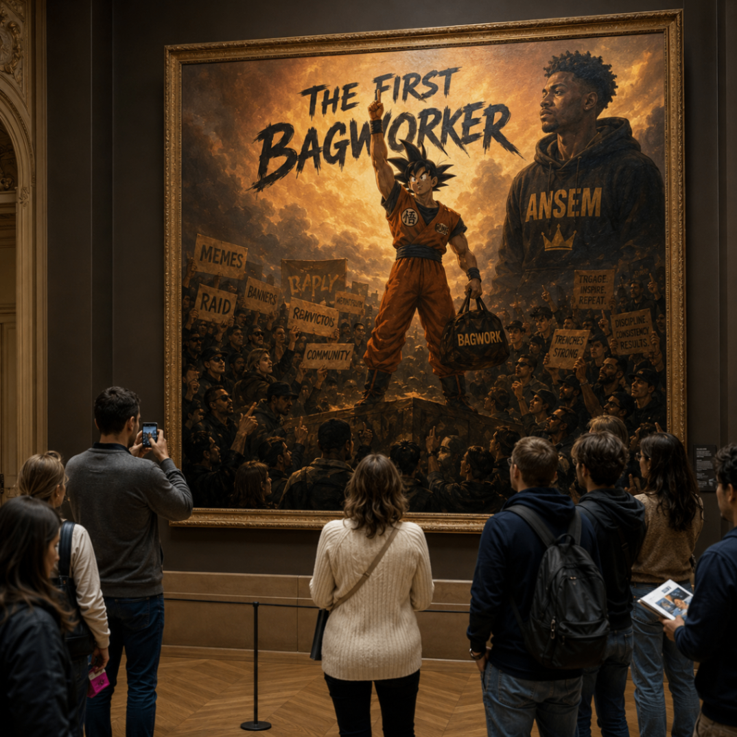 A museum crowd standing before a giant painting of Clive and Ansem titled The First Bagworker