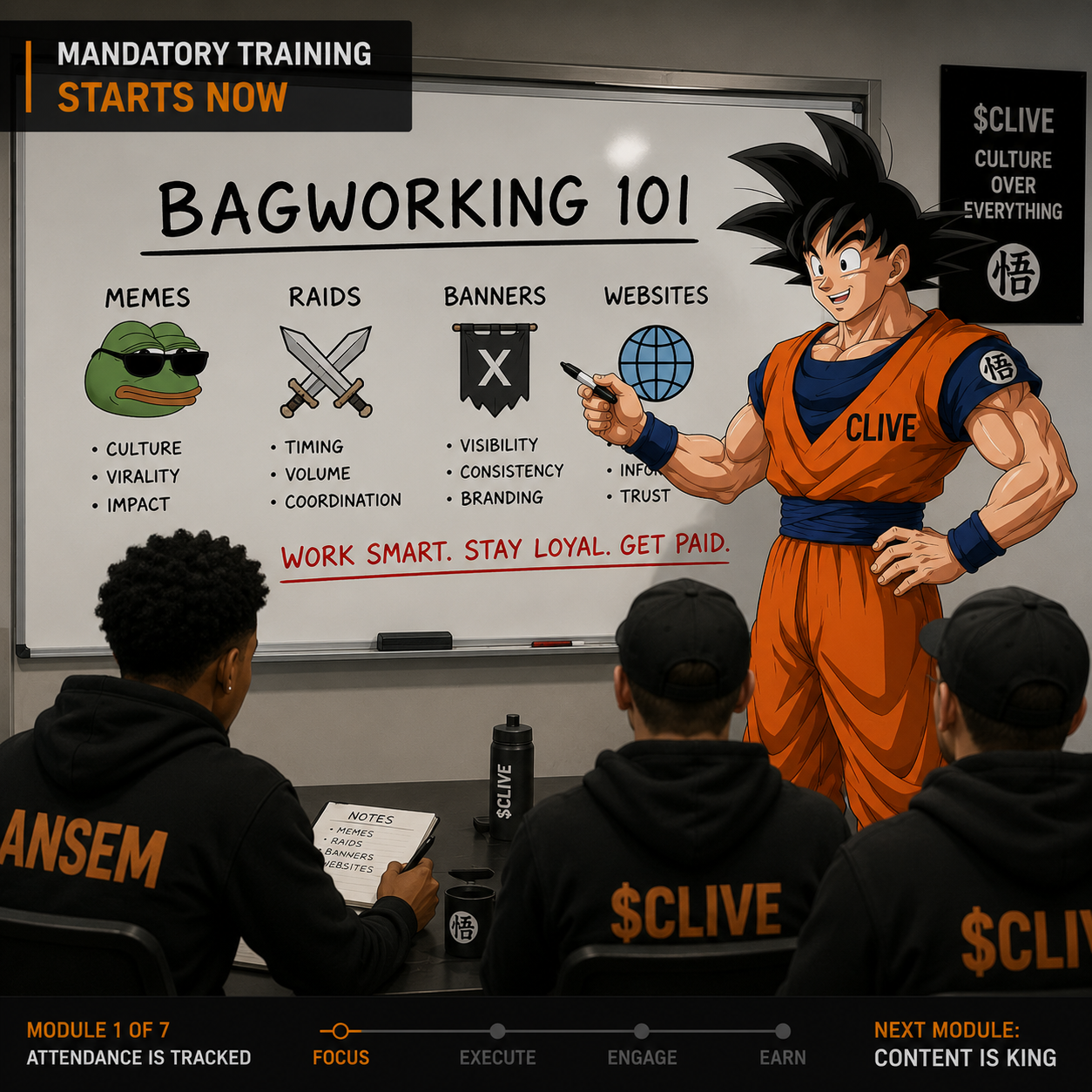 Clive teaching a Bagworking 101 classroom lesson about memes, raids, banners, and websites while Ansem and the crew attend