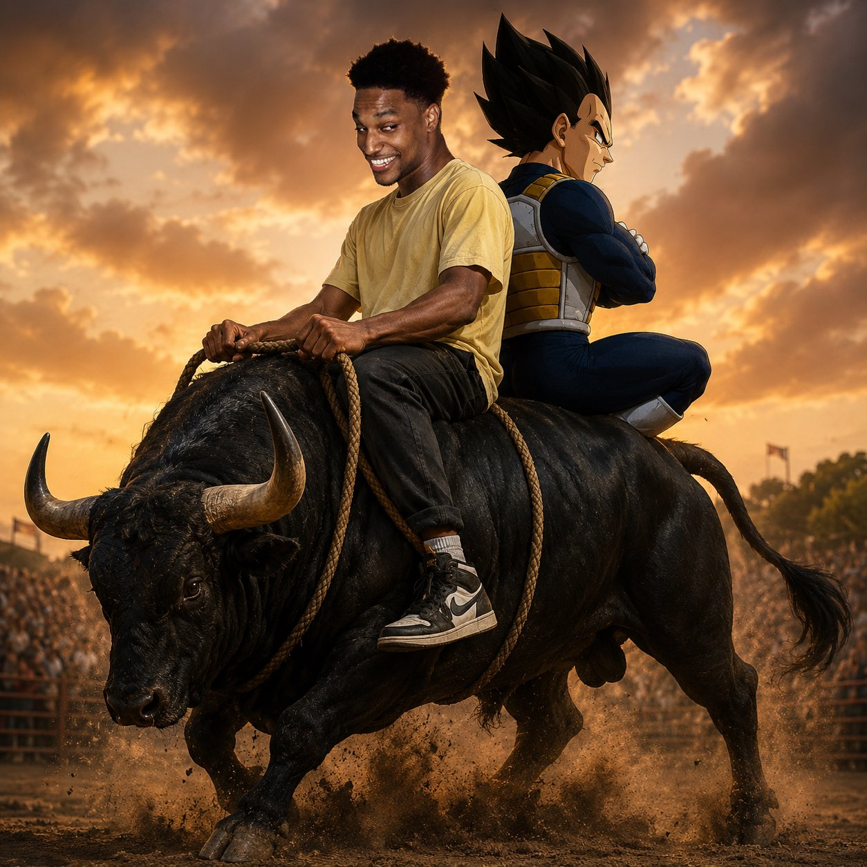 Clive and Vegeta riding a bull through a dusty arena at sunset