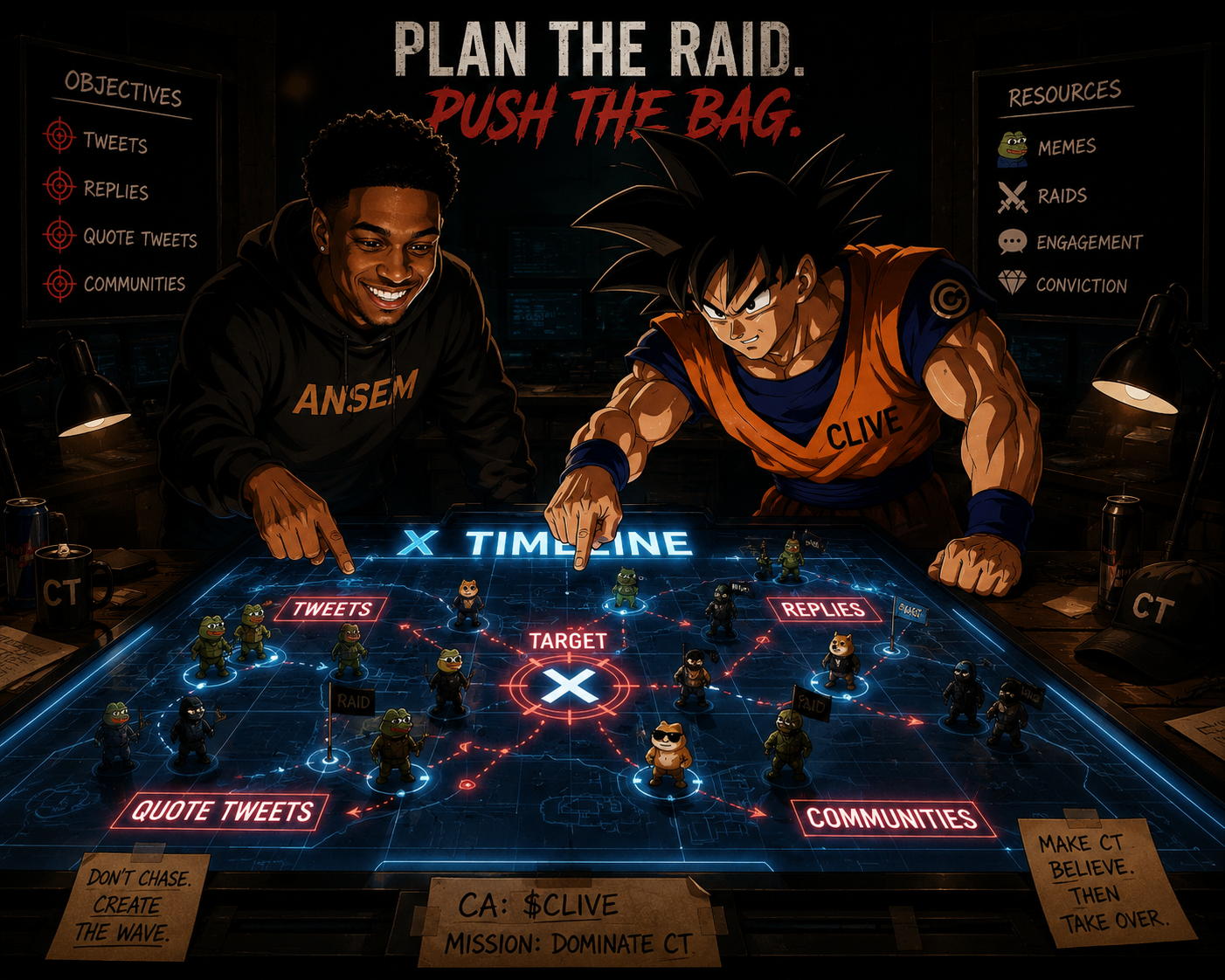 Ansem and Clive planning a raid on an X timeline war table with meme figurines and objectives