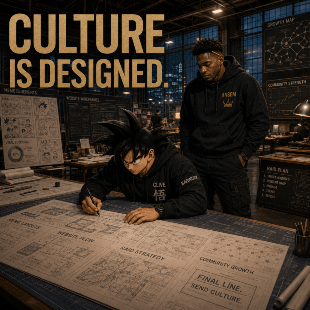 Clive sketching website and meme blueprints on a large drafting table while Ansem looks on in a design studio