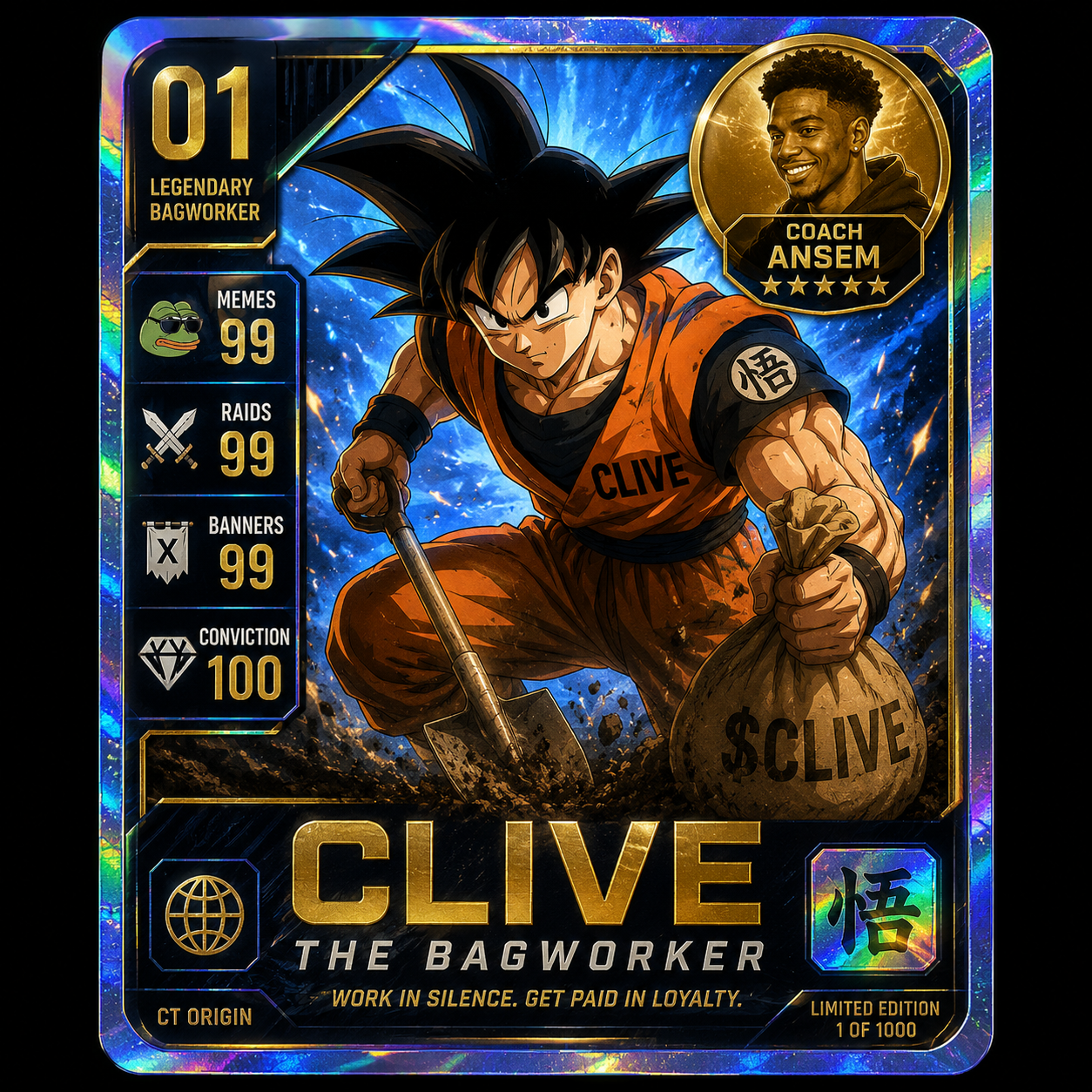 A holographic trading card of Clive the Bagworker with stats for memes, raids, banners, and conviction plus coach Ansem badge
