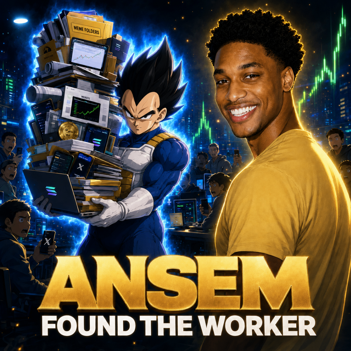 Ansem smiling beside Vegeta hauling stacks of laptops, charts, and meme folders