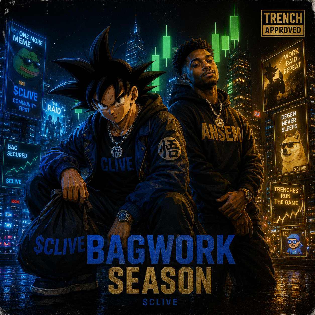 Clive and Ansem standing back to back in a neon trench city with BAGWORK SEASON text and green candle charts above them