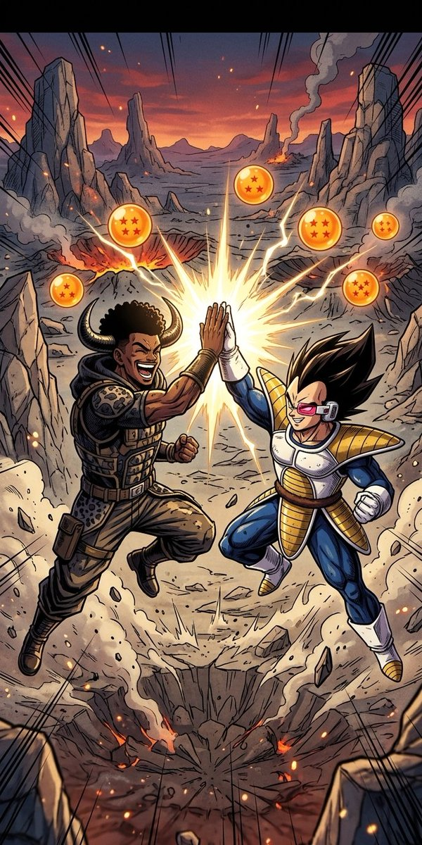 Clive and Vegeta high-fiving in a rocky canyon with dragon balls above them