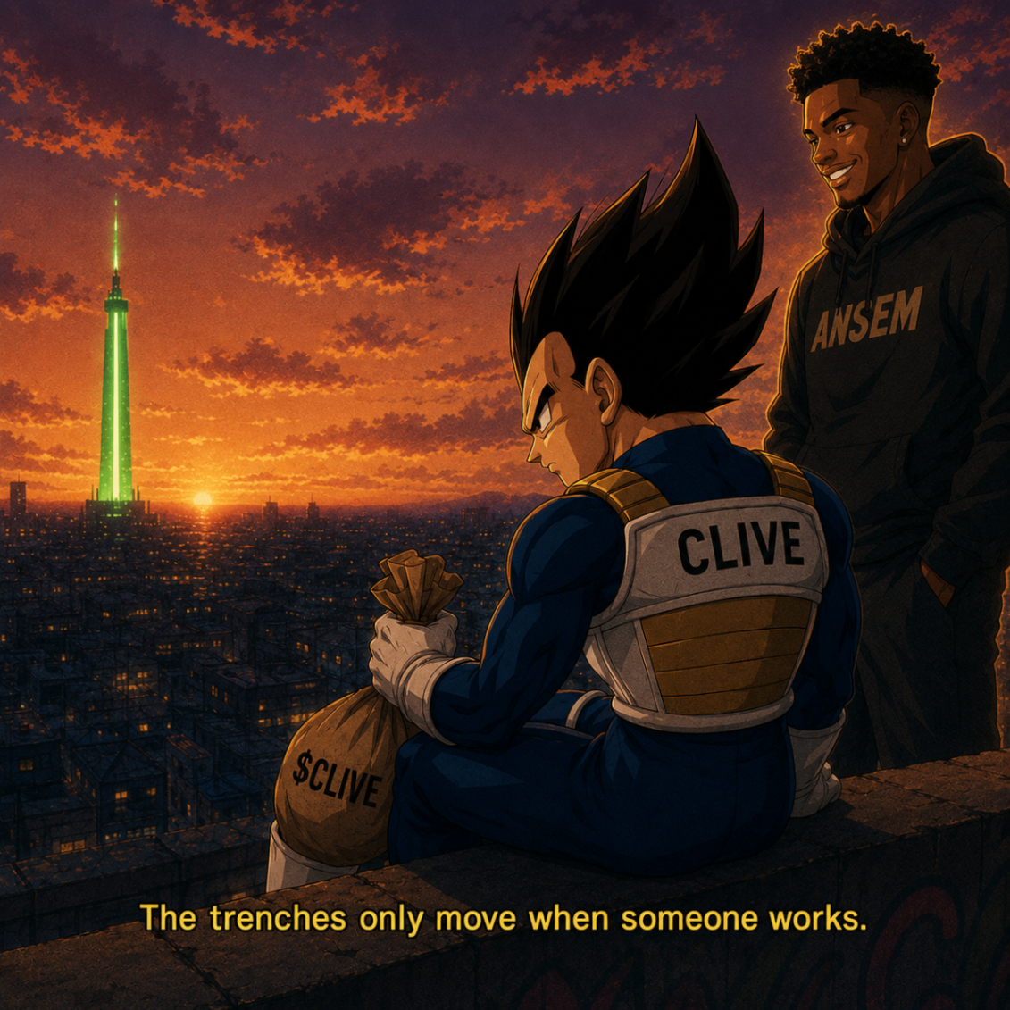 Vegeta and Ansem watching a sunset skyline with a glowing green tower and a $CLIVE bag