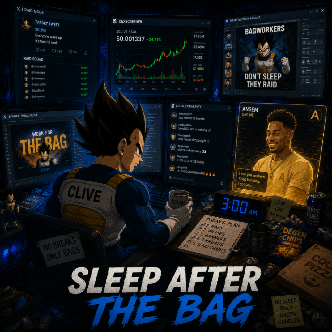 Vegeta at a multi-monitor night shift battle station with raid mode, chart screens, and Ansem on the right display