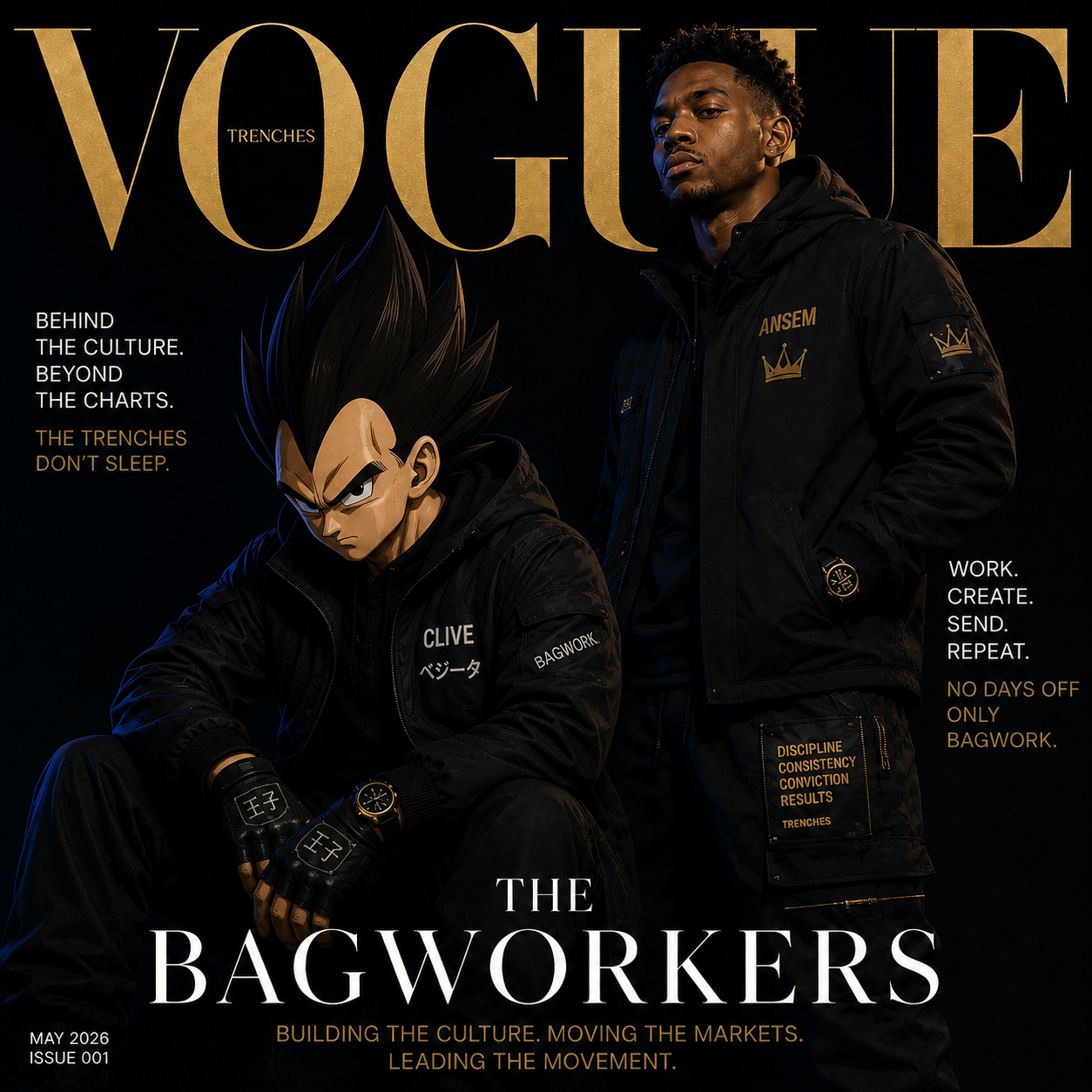 Vogue Trenches magazine cover featuring Clive and Ansem in black, headlined THE BAGWORKERS