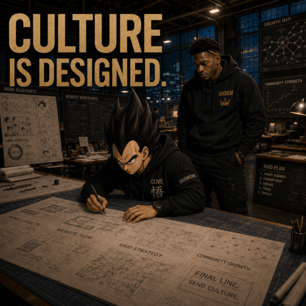 Clive drafting plans at a giant blueprint table while Ansem stands over the work in a factory studio
