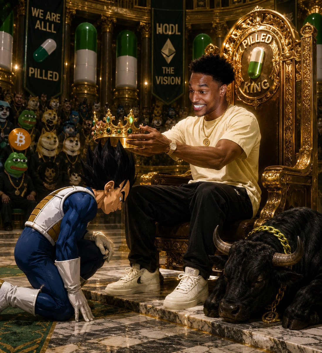 Clive on a throne crowning Vegeta in a gold hall with crypto meme characters in the background