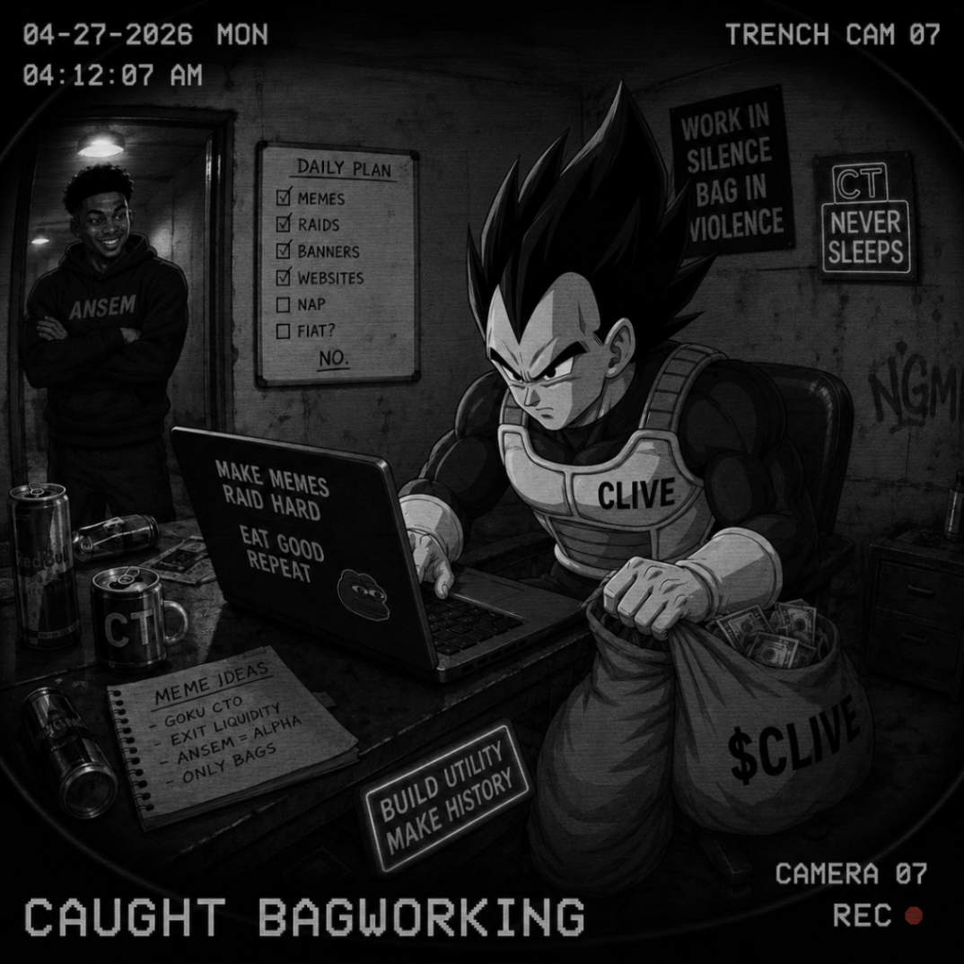 Black and white trench cam view of Clive working late at a laptop with bags on the floor while Ansem watches from the doorway