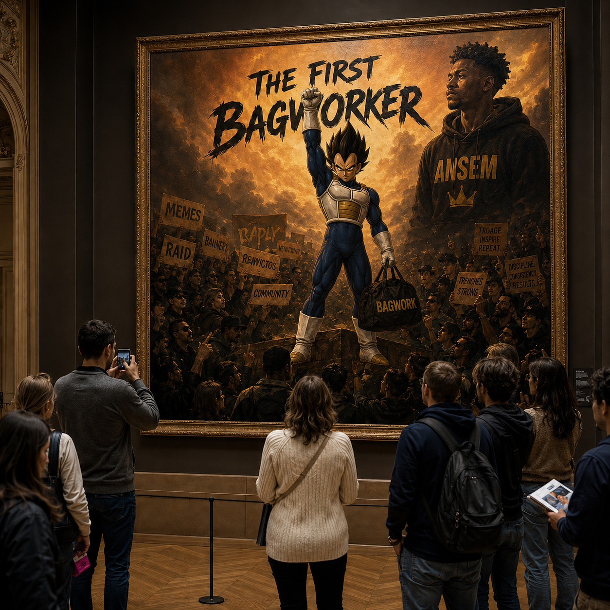 Museum visitors viewing a massive painting of Vegeta holding a BAGWORK duffel beside Ansem titled THE FIRST BAGWORKER