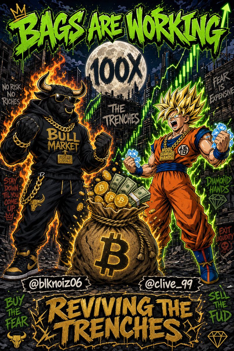 A bull market character and super saiyan Clive stand over a bag of money in a neon trench city