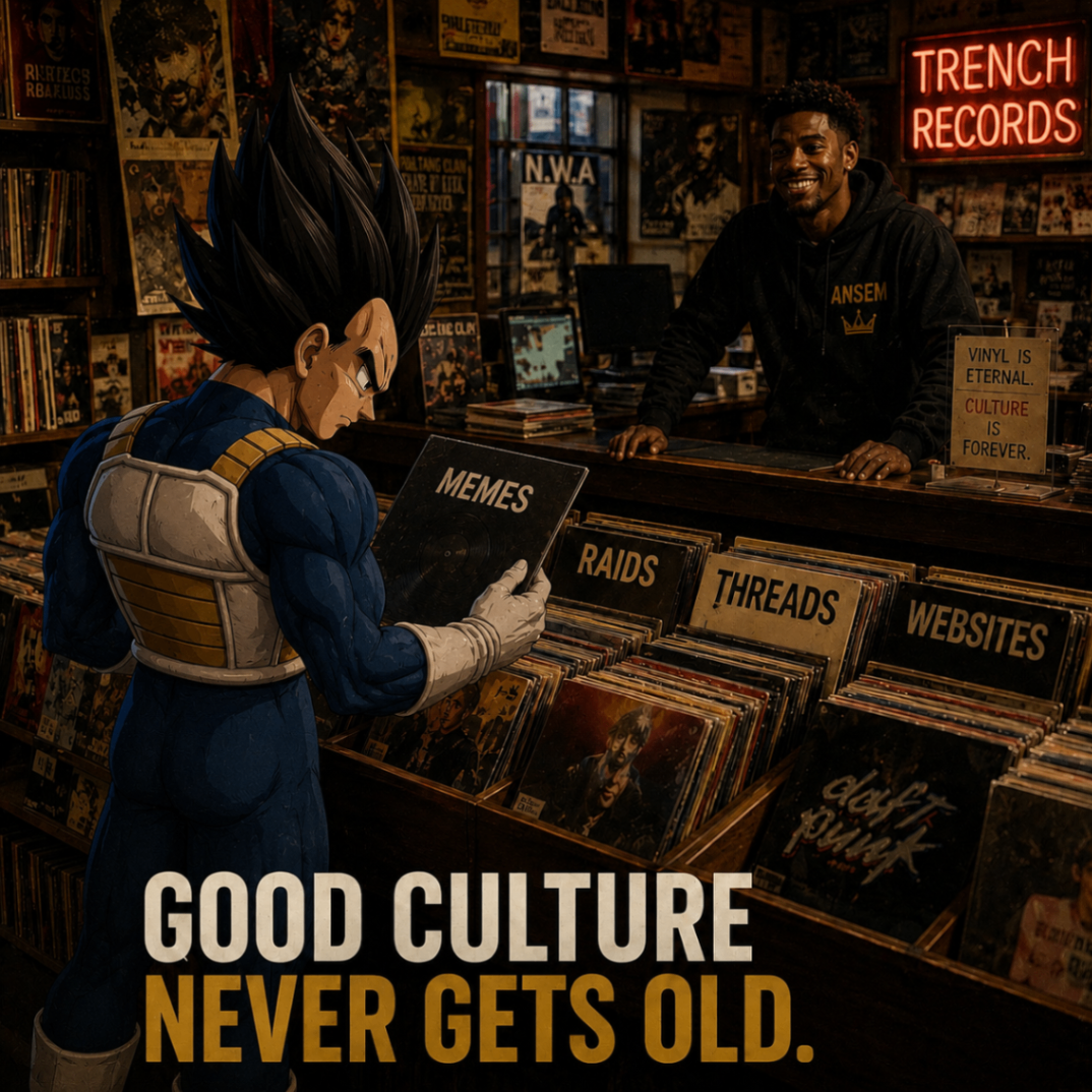 Clive browsing a record store where the bins are labeled memes, raids, threads, and websites while Ansem smiles from the counter
