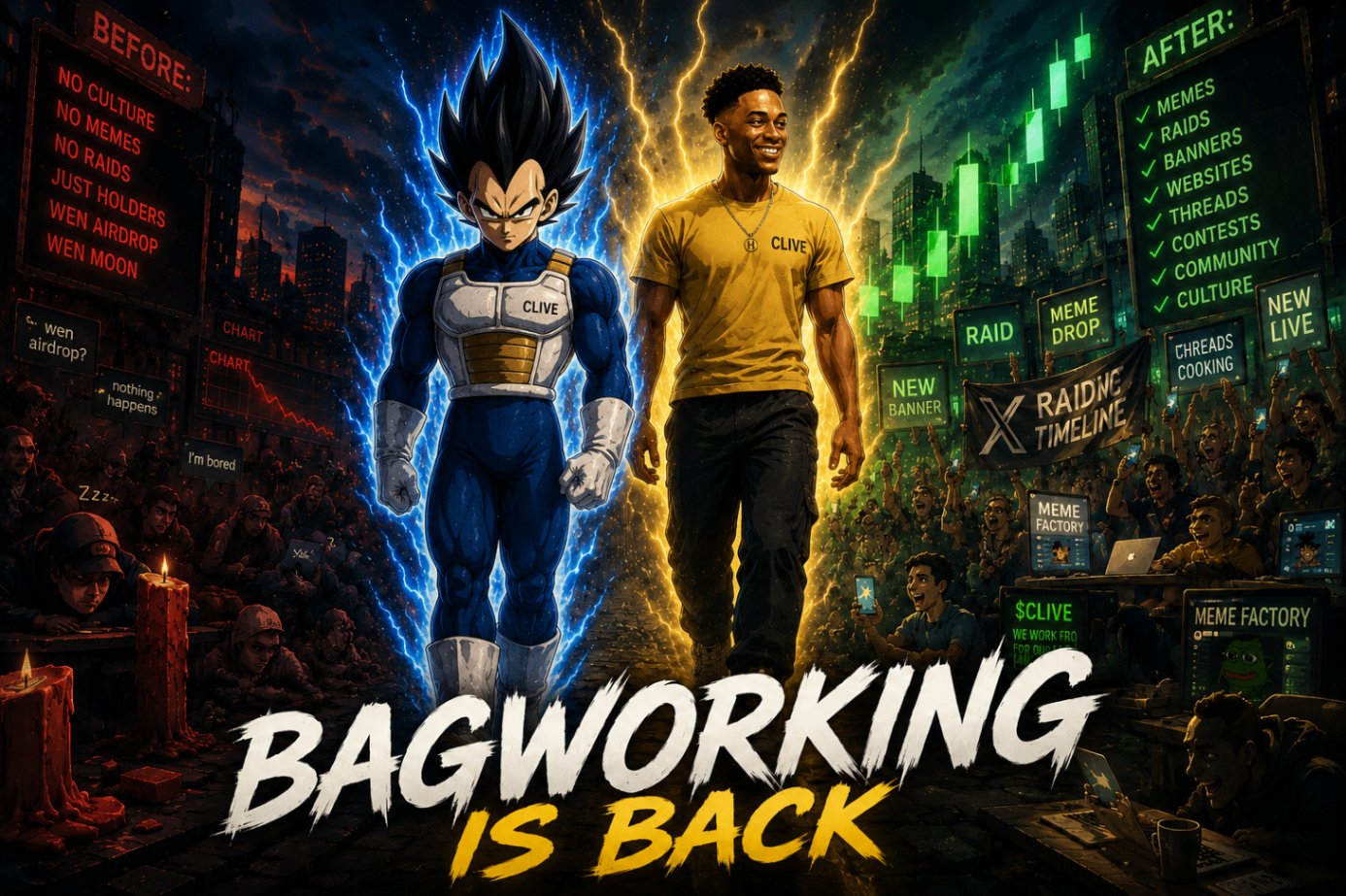 Vegeta and Ansem walking between dead trenches and a revived city of raids, memes, and banners