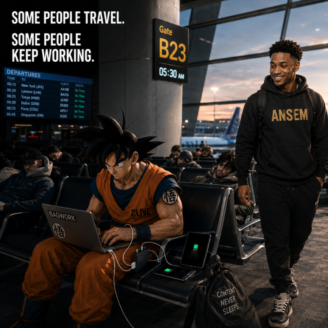 Clive grinding on a laptop at an airport gate while Ansem walks by and the terminal board glows behind them