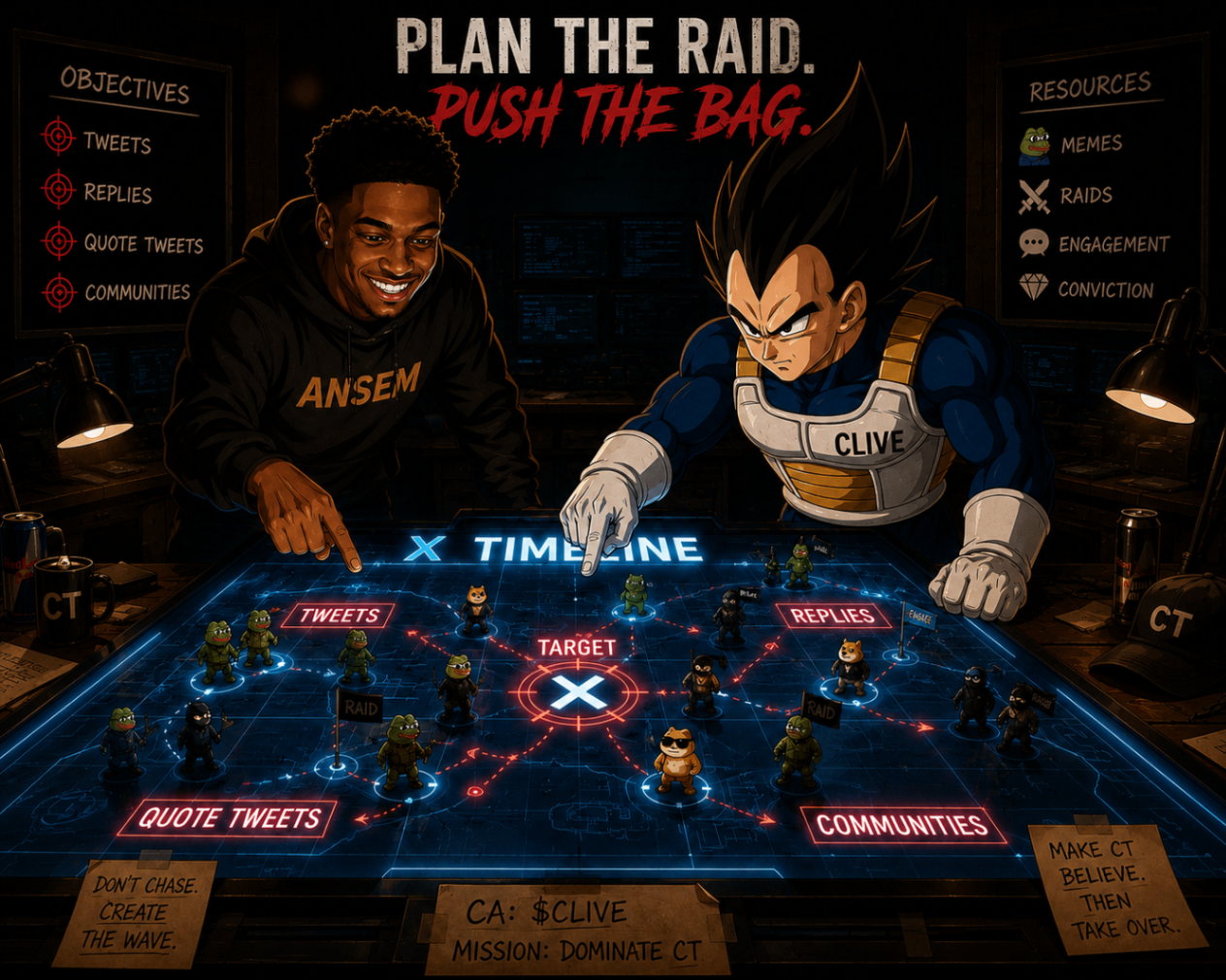 Ansem and Vegeta planning a raid on a glowing X timeline strategy table