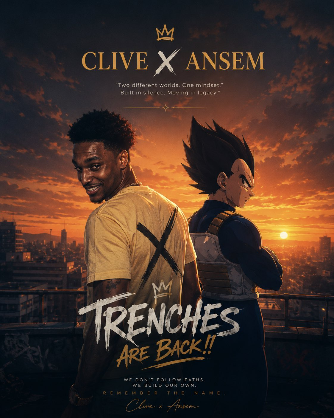 Clive and Vegeta standing back to back over a city sunset with trenches are back text