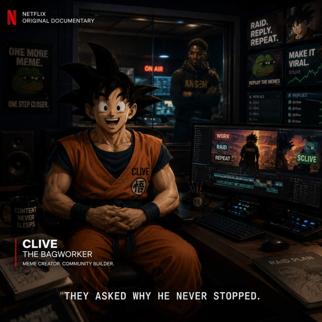Documentary-style portrait of Clive at an editing setup while Ansem watches from the studio booth