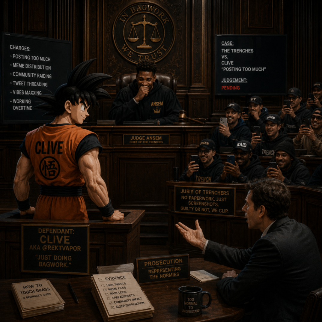 Courtroom meme with Clive on trial for posting too much while Judge Ansem presides over the trenches