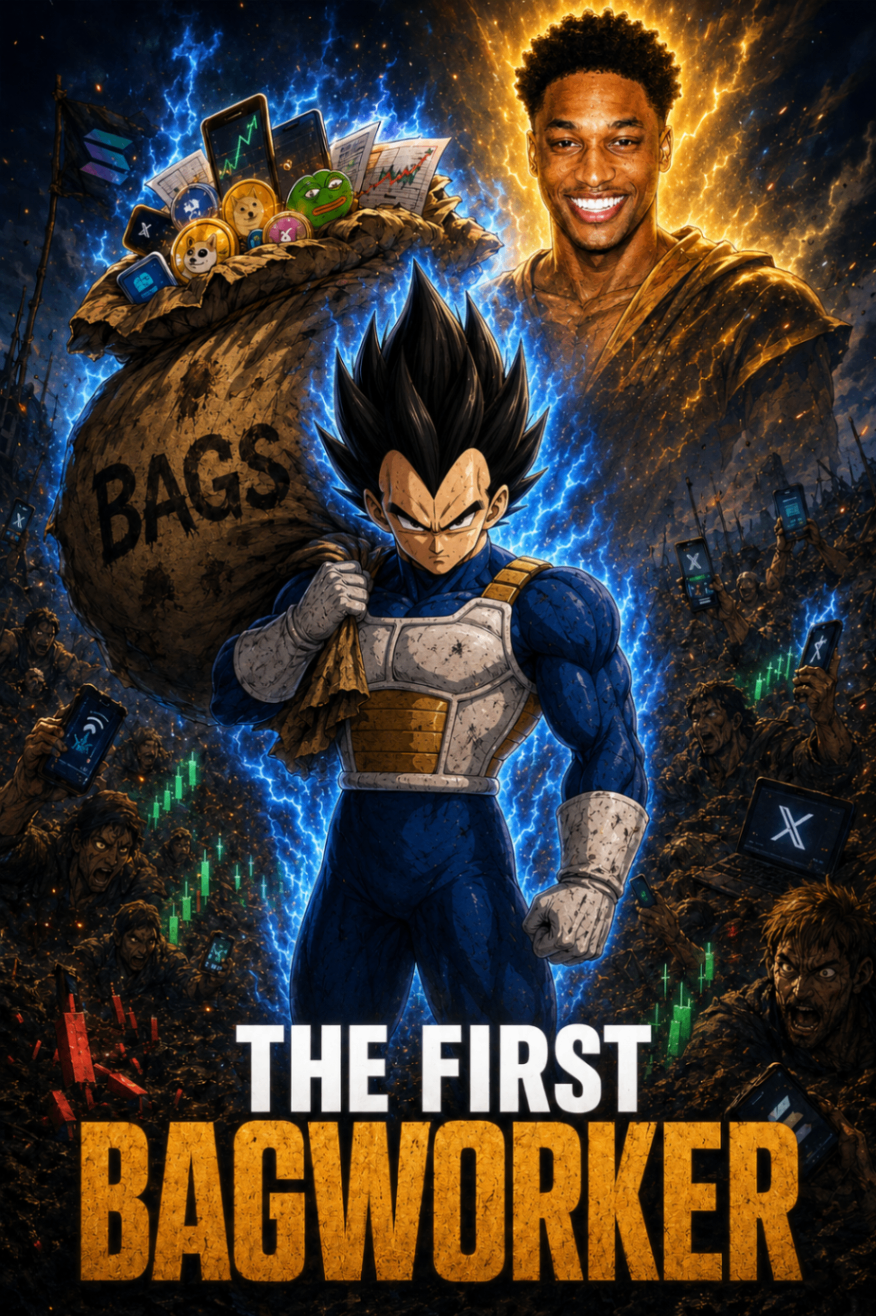 Vegeta carrying a giant bag labeled BAGS while Ansem glows above a trench crowd