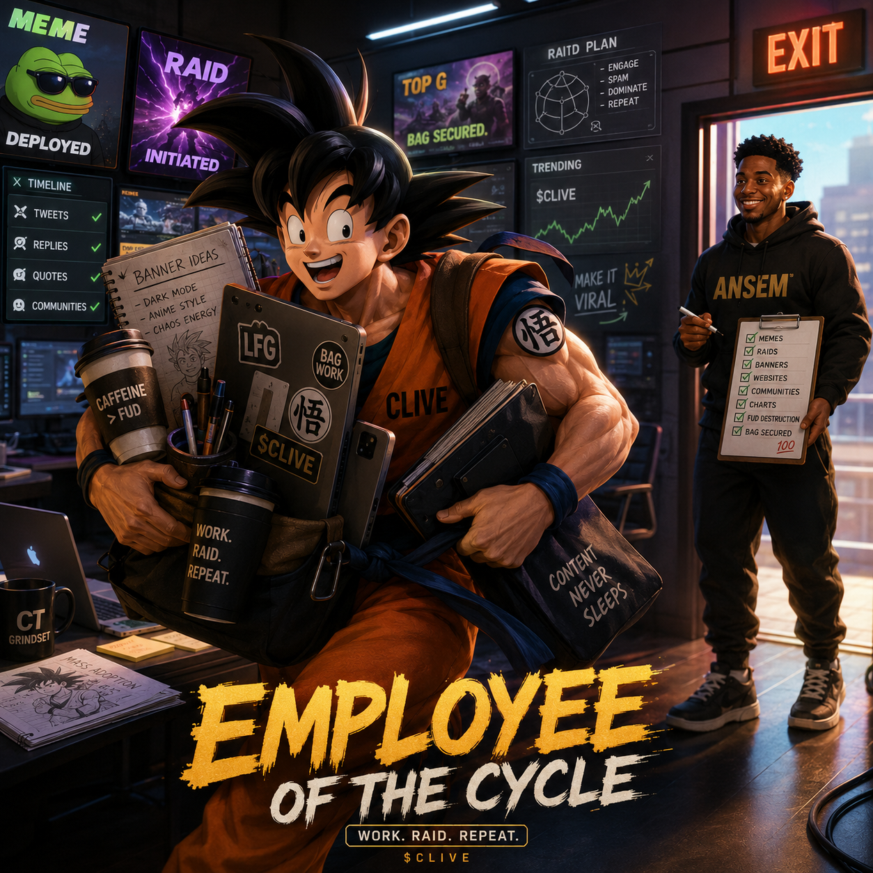 Clive charging forward with laptops, notebooks, coffee, and content bags while Ansem marks a checklist in a control room