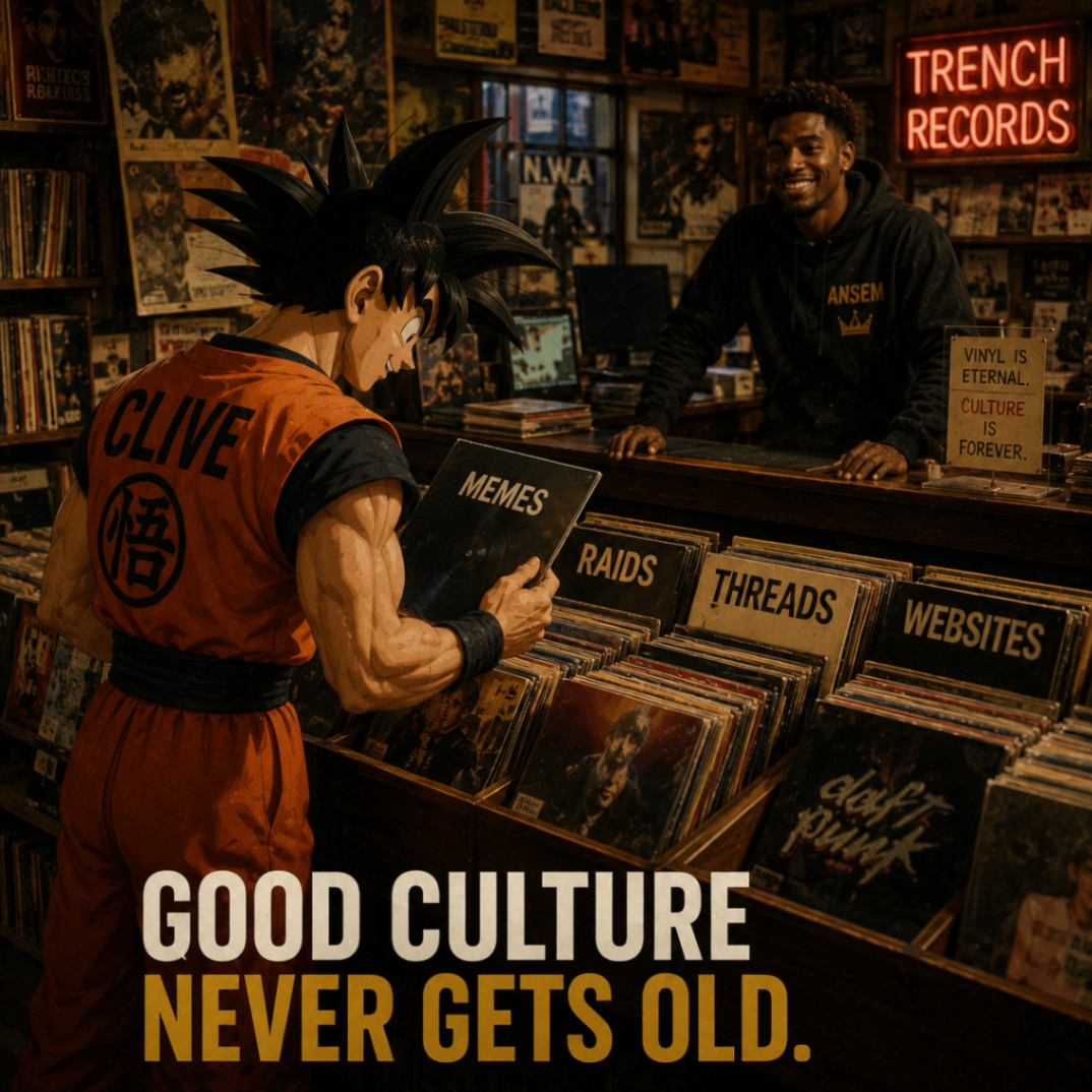 Clive browsing vinyl bins labeled memes raids threads and websites while Ansem stands behind a record store counter