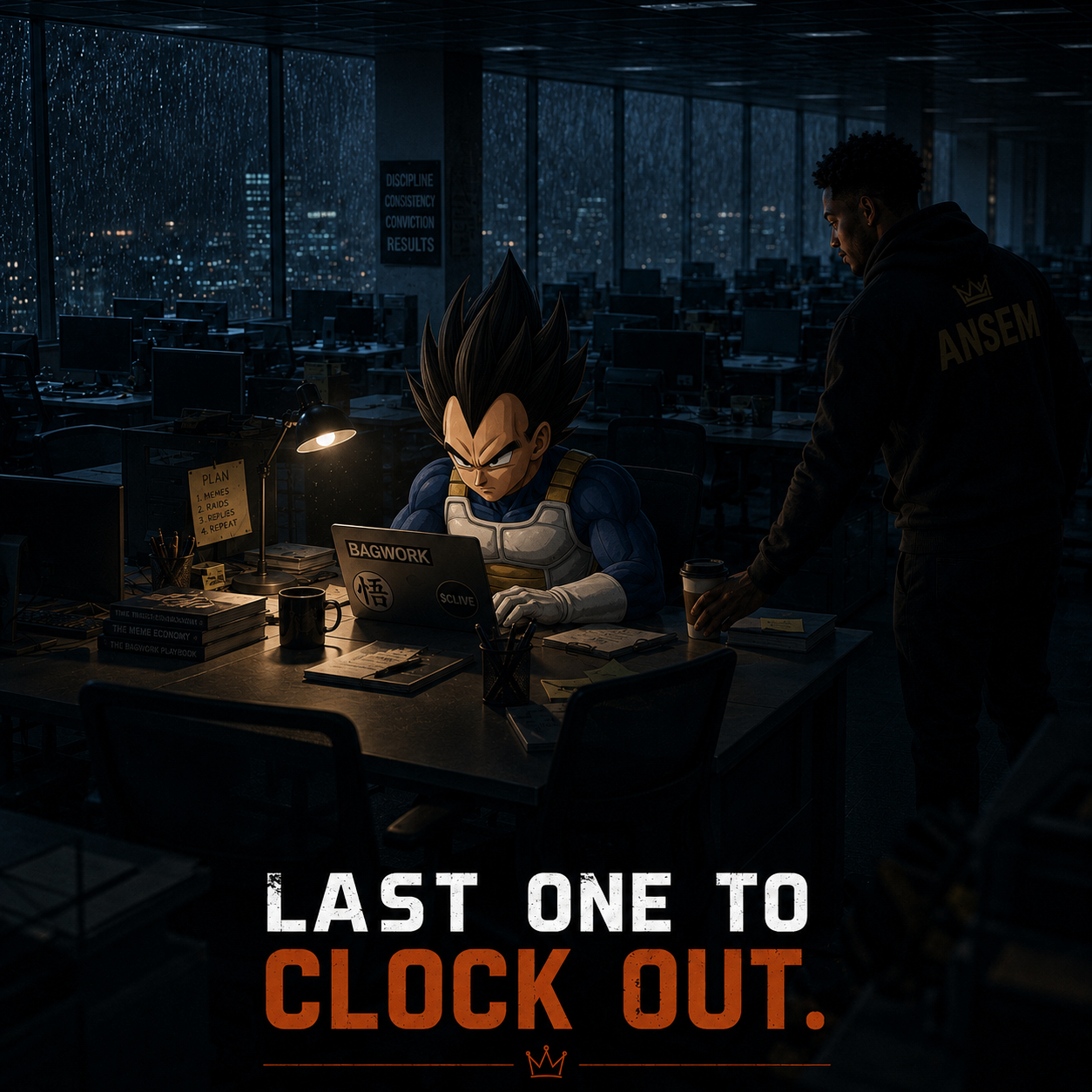 Vegeta grinding alone at a laptop in a dark office while Ansem hands him coffee, captioned LAST ONE TO CLOCK OUT
