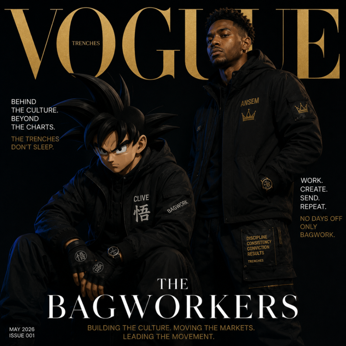 Fashion magazine style cover featuring Clive and Ansem in black bagwork jackets with Vogue masthead