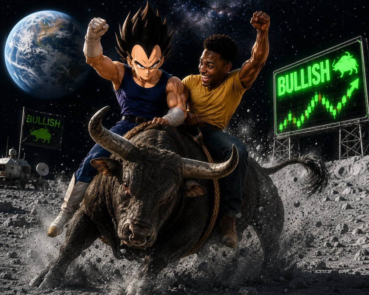 Clive and Vegeta riding a bull on the moon beside glowing bullish signs